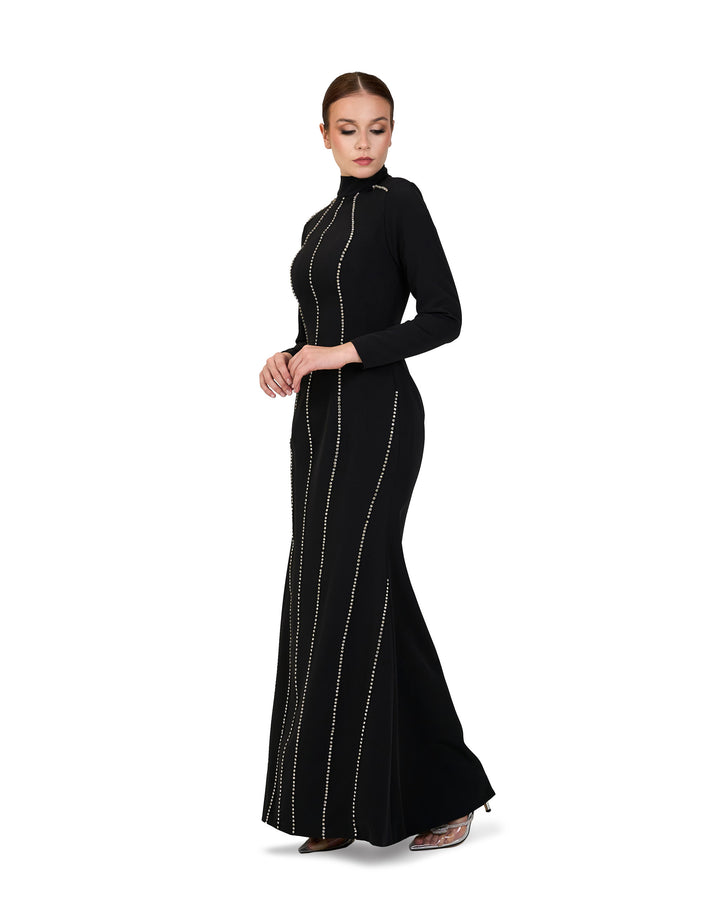 Long sleeve column dress with vertical beading-Ghadeer