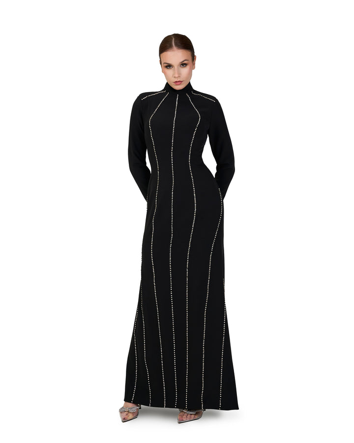 Long sleeve column dress with vertical beading-Ghadeer