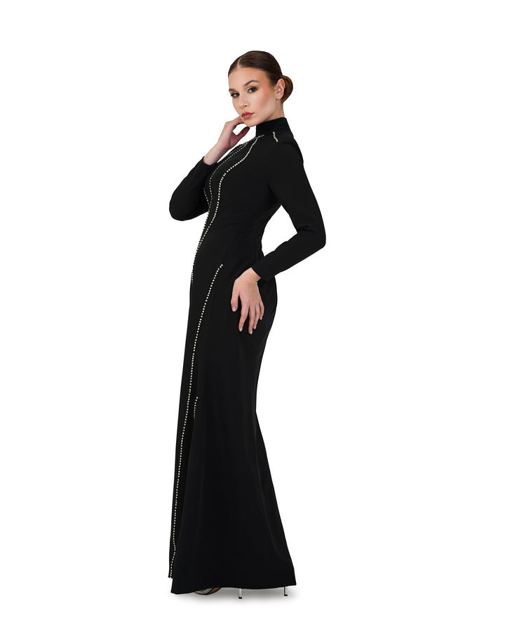 Long sleeve column dress with vertical beading-Ghadeer