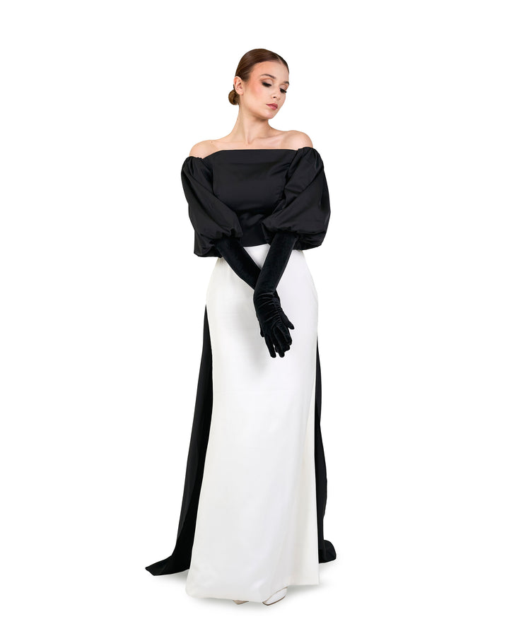 Shoulders off bicolour dress with puffed sleeves and gloves - LOLAH