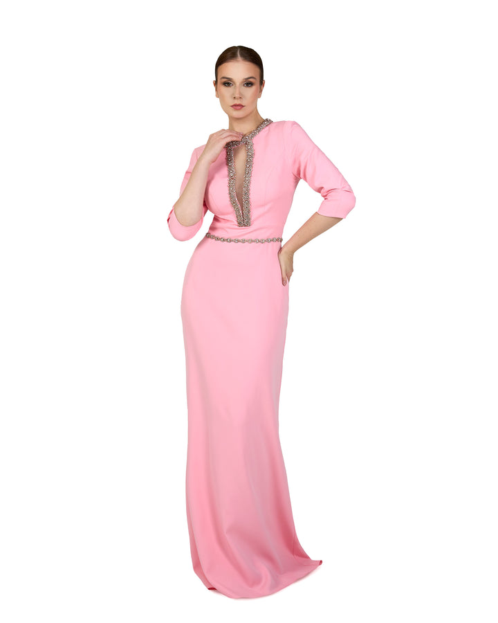 Beaded neckline - long floor length pink dress-Oberon