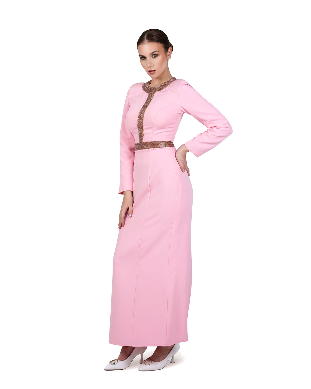 Tailored - beaded pink dress with ankle-length