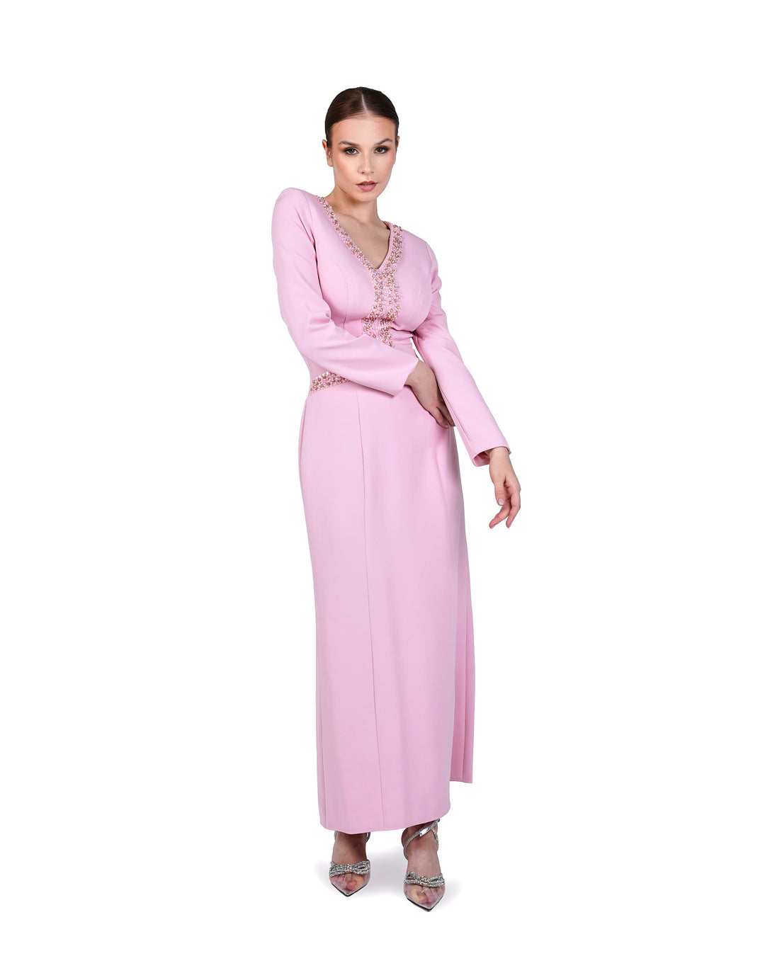 V Neckline long-sleeved pink dress with sequinned lines