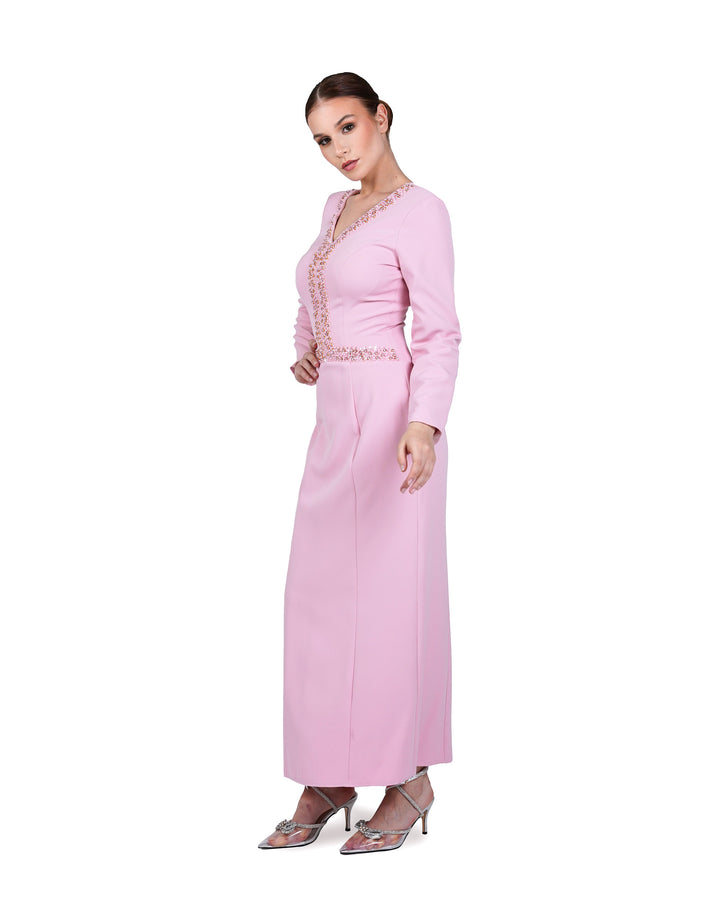 V Neckline long-sleeved pink dress with sequinned lines