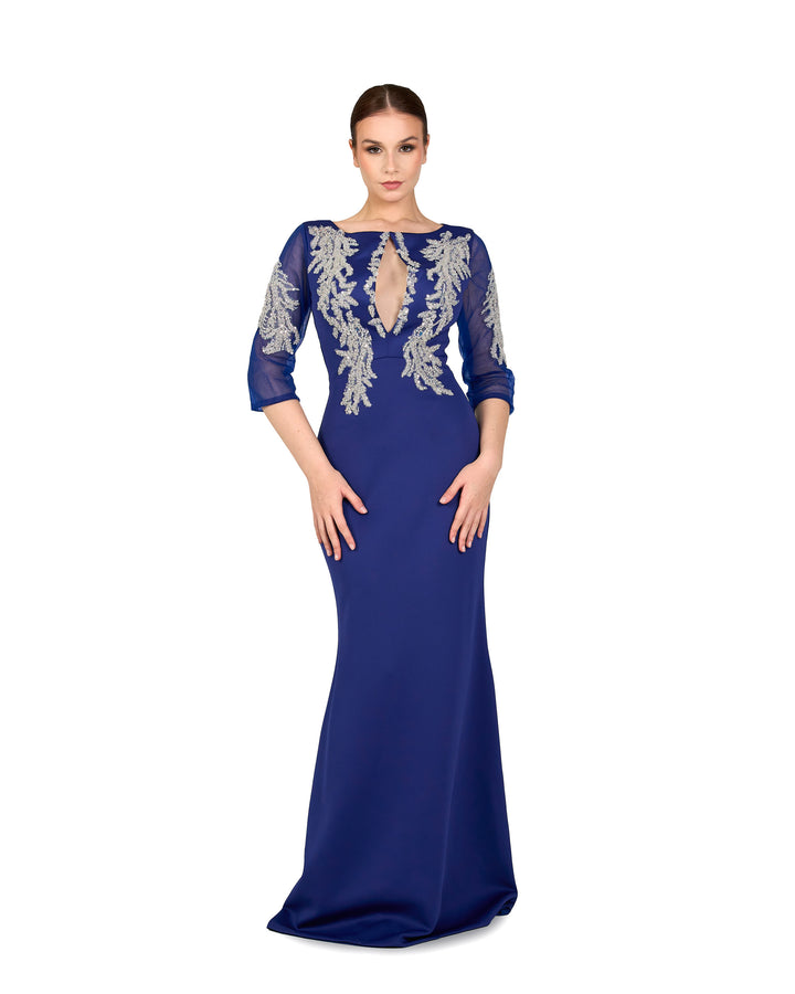 Sequined floor-length blue dress with see-through sleeves