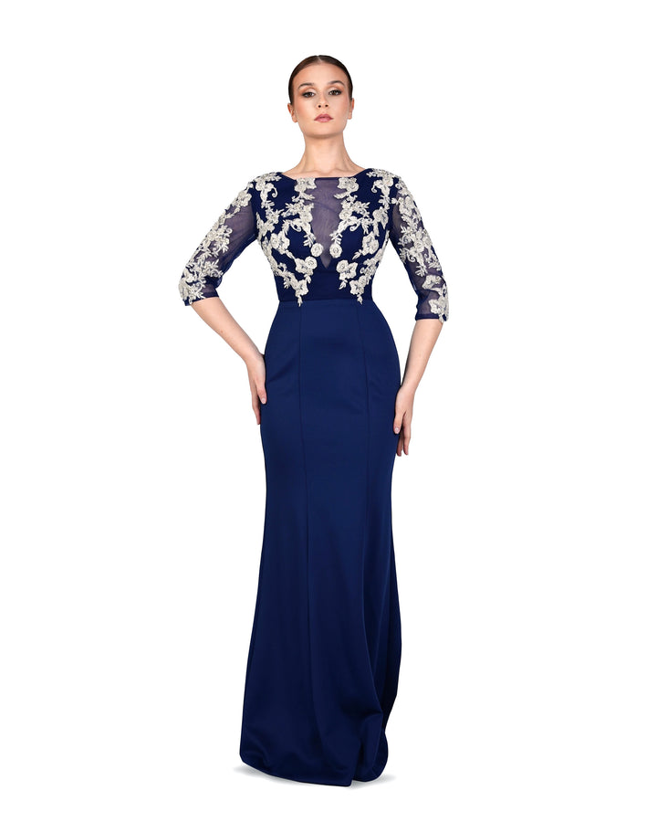 Blue Floor-Length Dress with see-through sequined top-Juwan