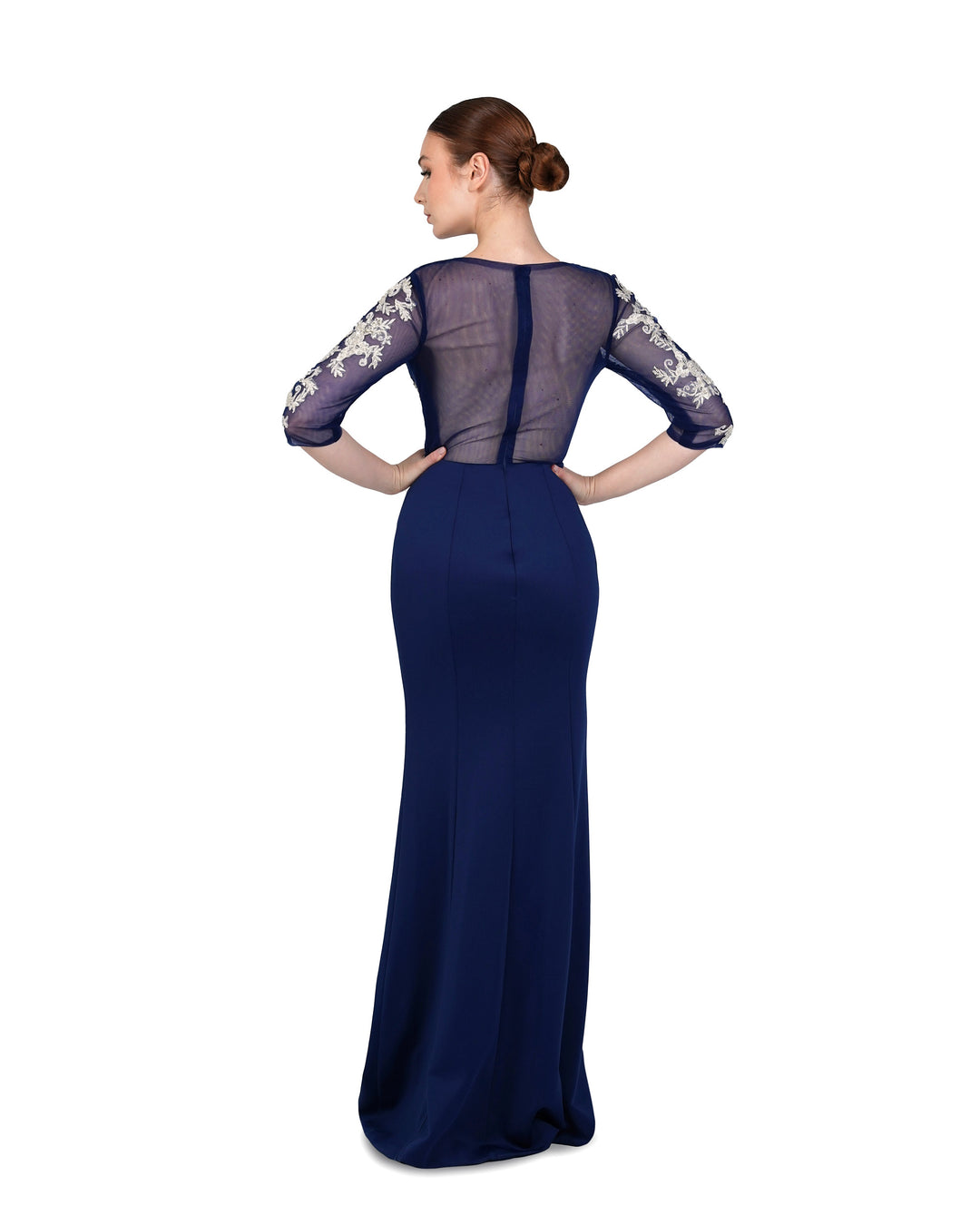 Blue Floor-Length Dress with see-through sequined top-Juwan