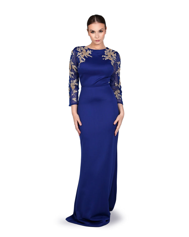 Blue Floor-Length Dress with see through sequined sleeves-Areejh