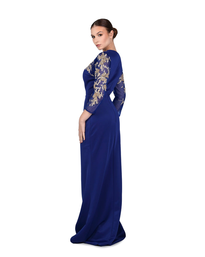 Blue Floor-Length Dress with see through sequined sleeves-Areejh