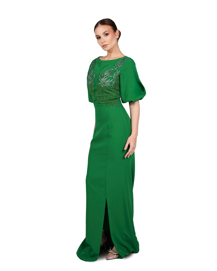 ⁠Beaded column dress with puffed sleeves and side slit