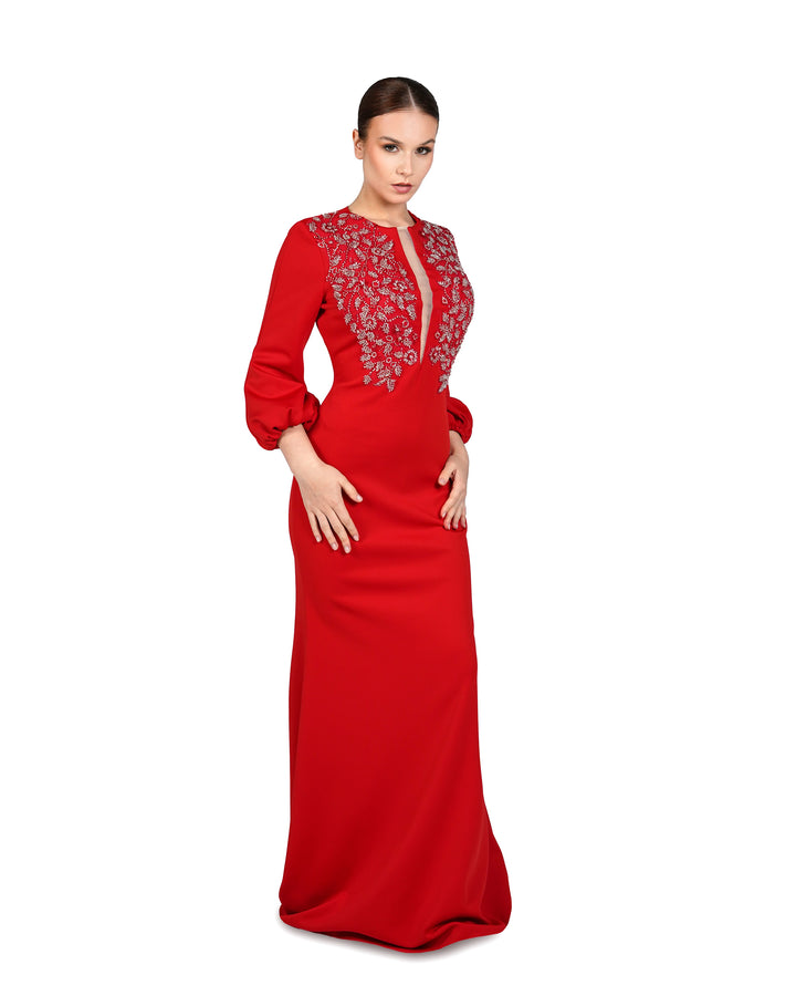 Red Floor-Length Beaded Dress with Puffed Sleeves