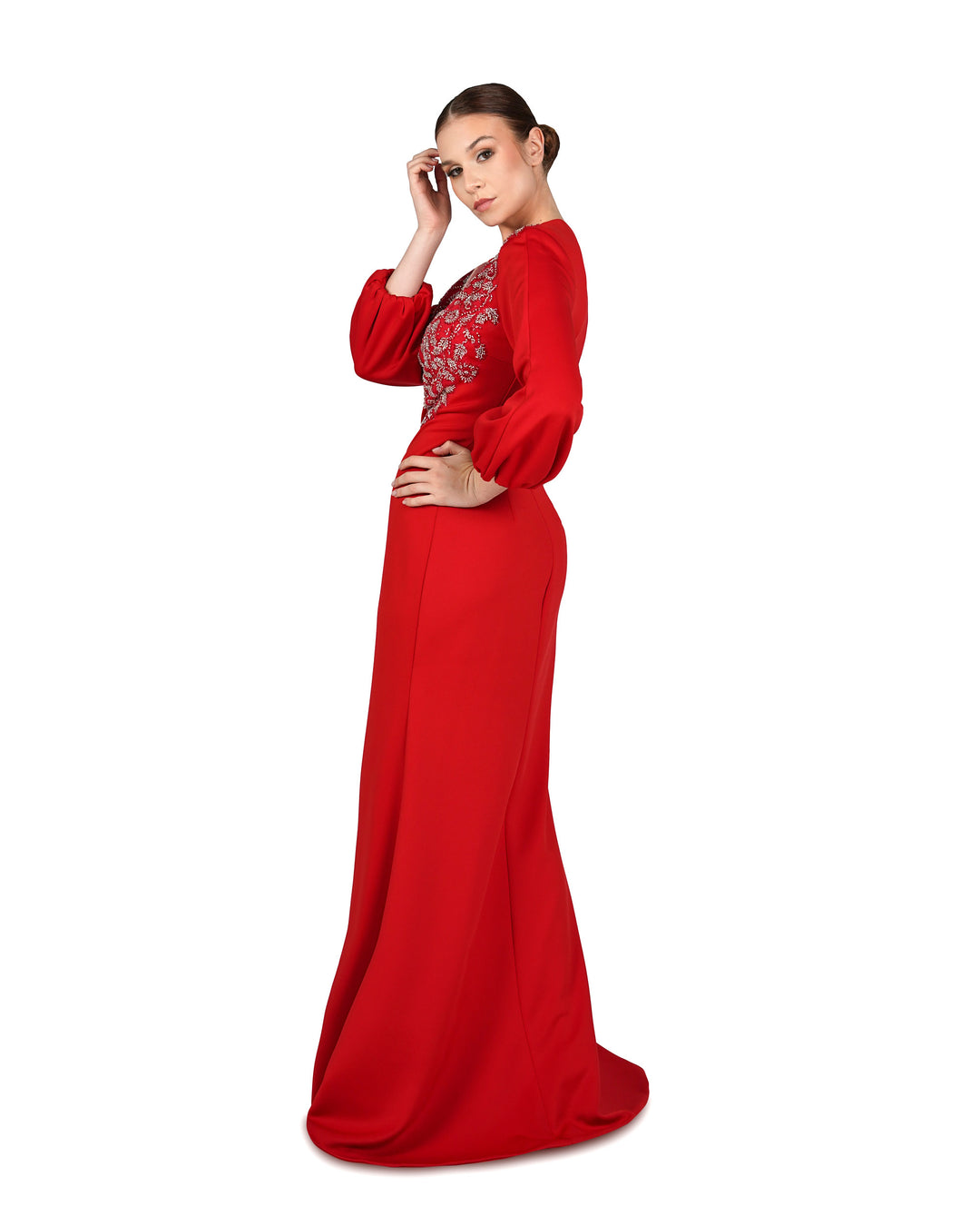 Red Floor-Length Beaded Dress with Puffed Sleeves