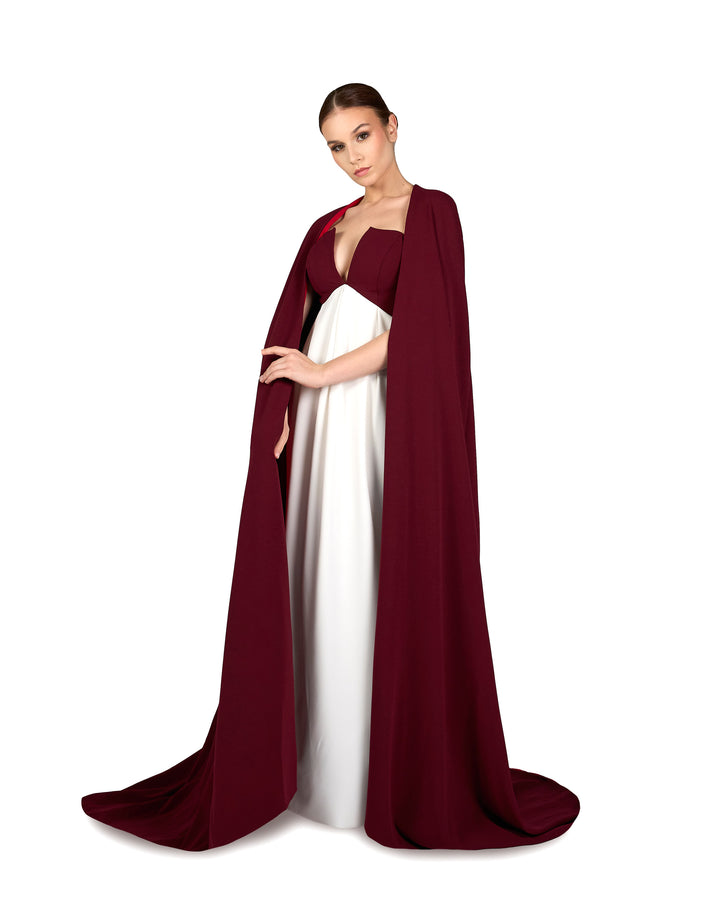 V neckline column dress with maxi cape