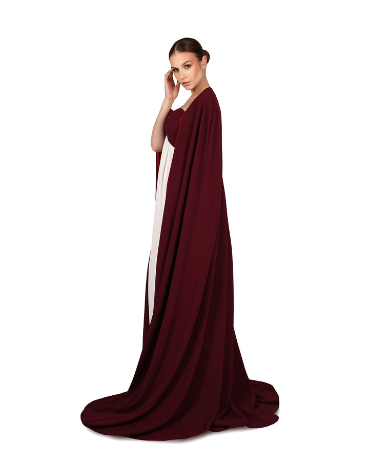 V neckline column dress with maxi cape