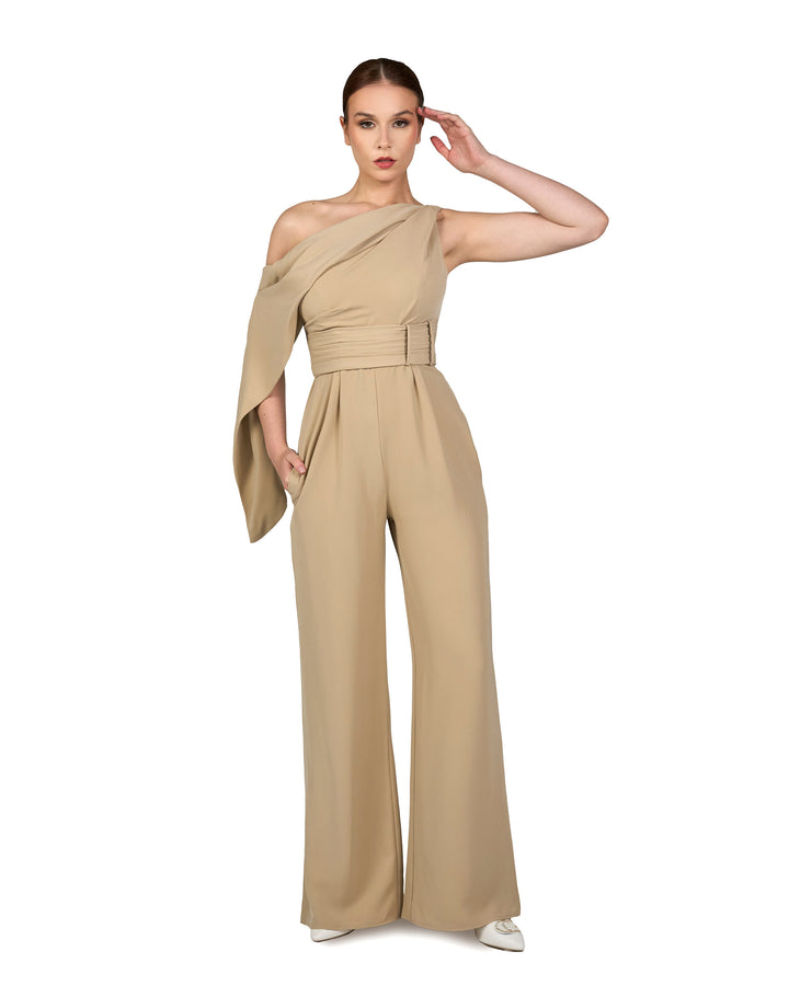 Shoulder off jumpsuit with pleated waistband