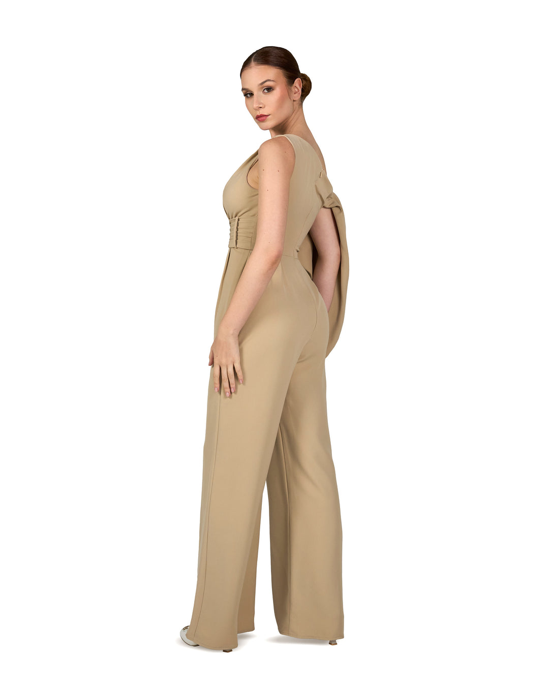 Shoulder off jumpsuit with pleated waistband