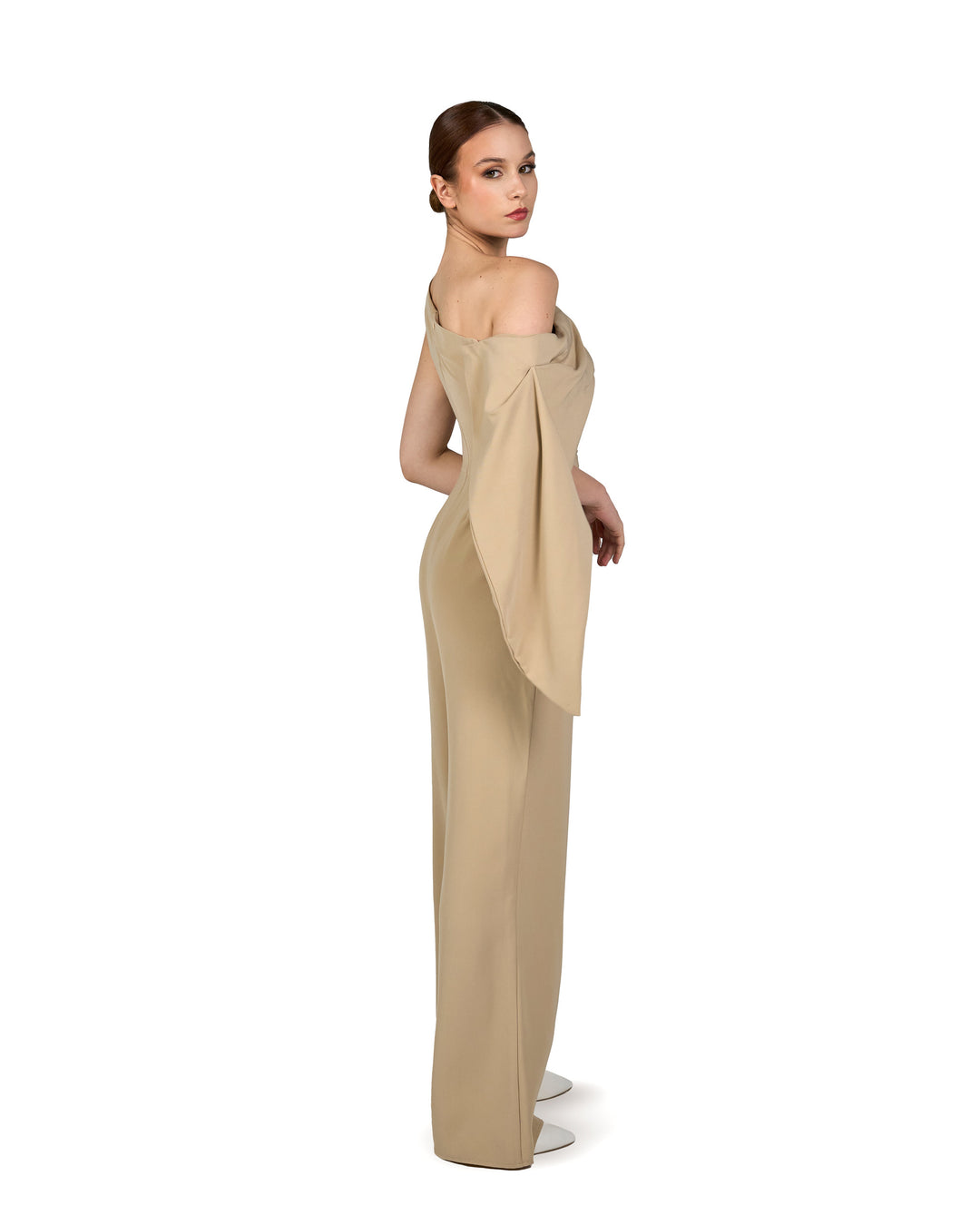 Shoulder off jumpsuit with pleated waistband