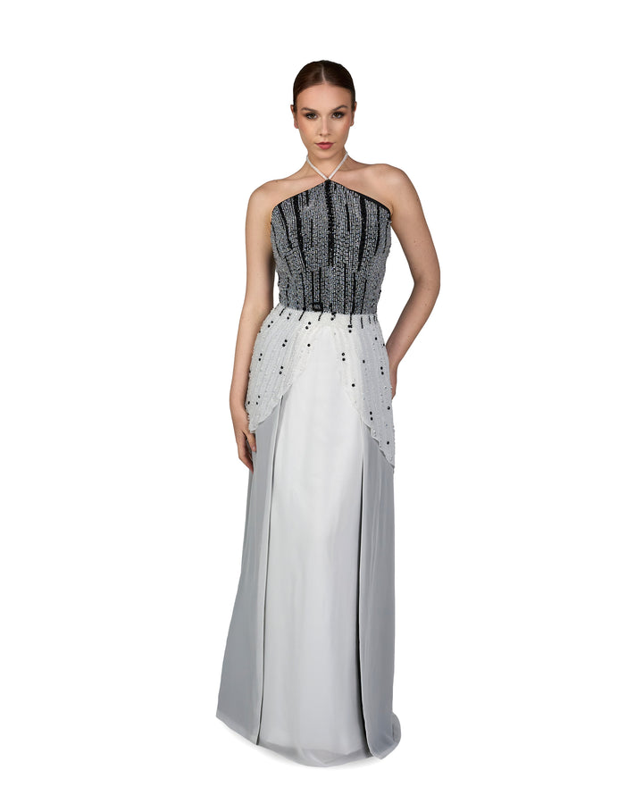 beaded dress with halter neckline and layered skirt-Reverie