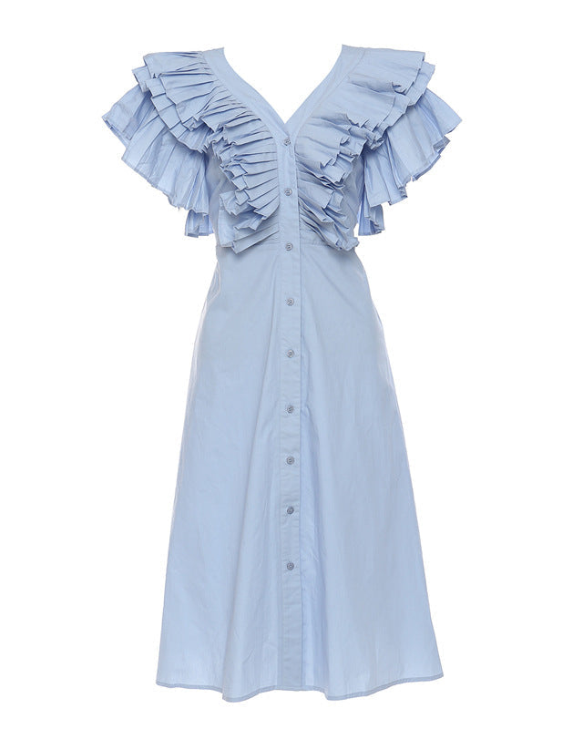 pleated ruffle sleeve chiffon midi dress – ELYSIA