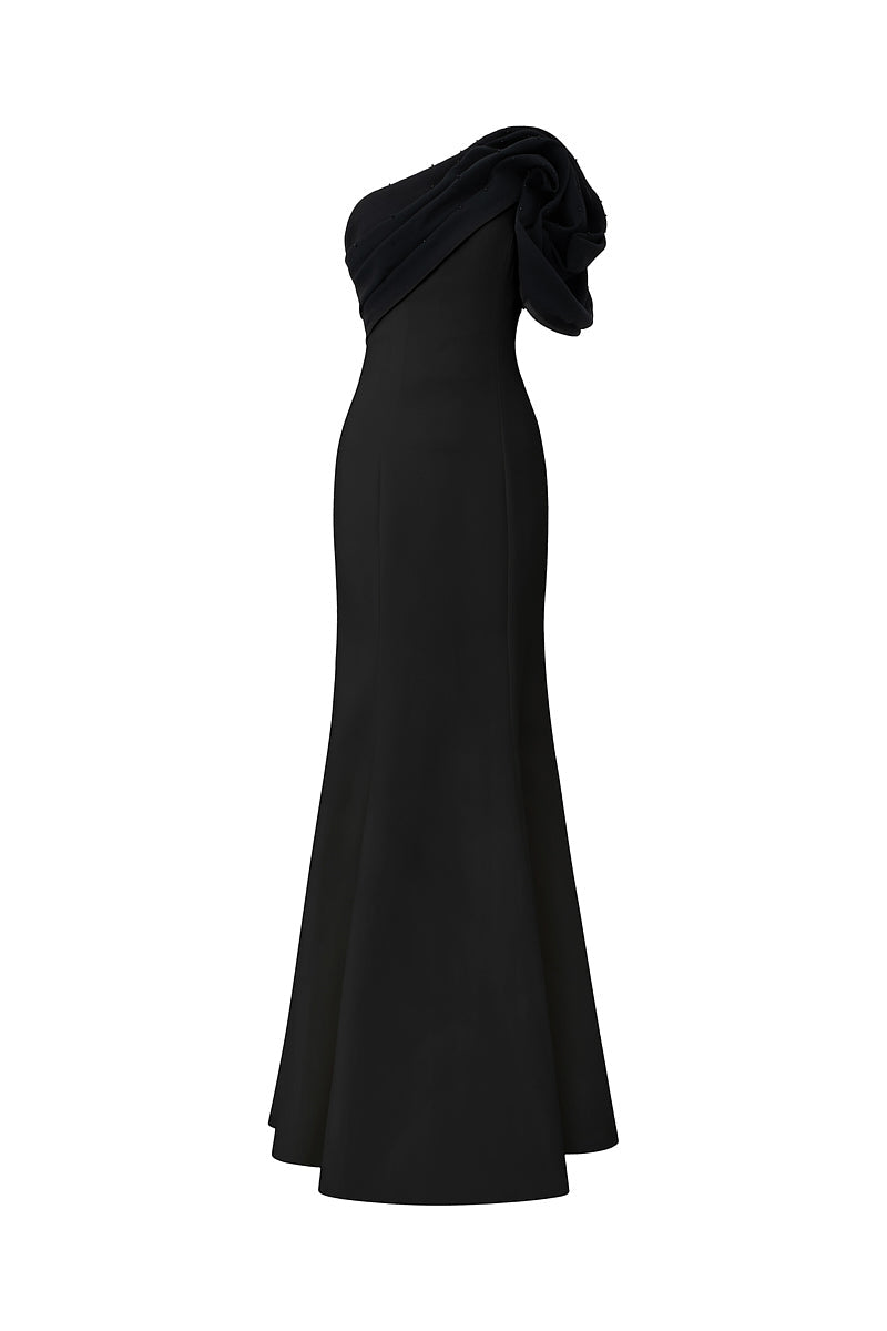 فستان حورية البحر بكتف واحد مع وردة منحوتة – نوار