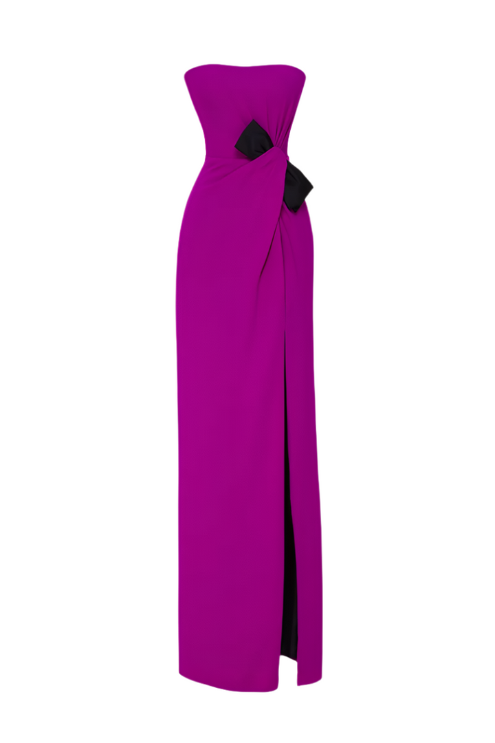 فستان بدون حمالات مع لمسات فيونكة متباينة – الفوشيا