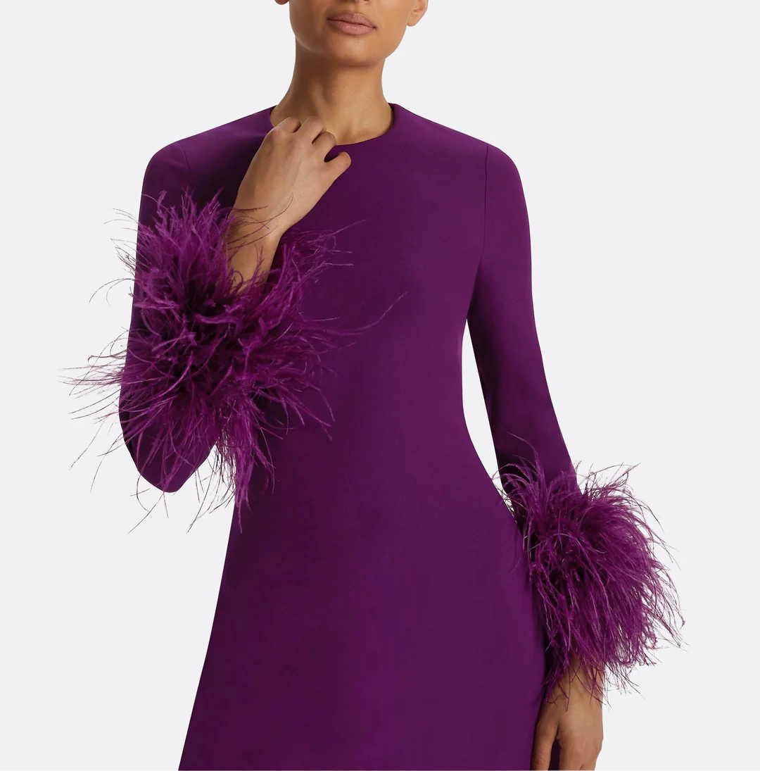 long-sleeve gown with feather-trim cuffs – AURORA
