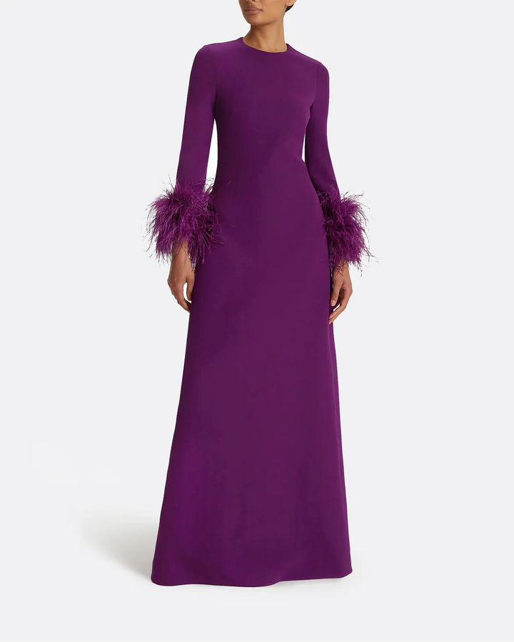 long-sleeve gown with feather-trim cuffs – AURORA