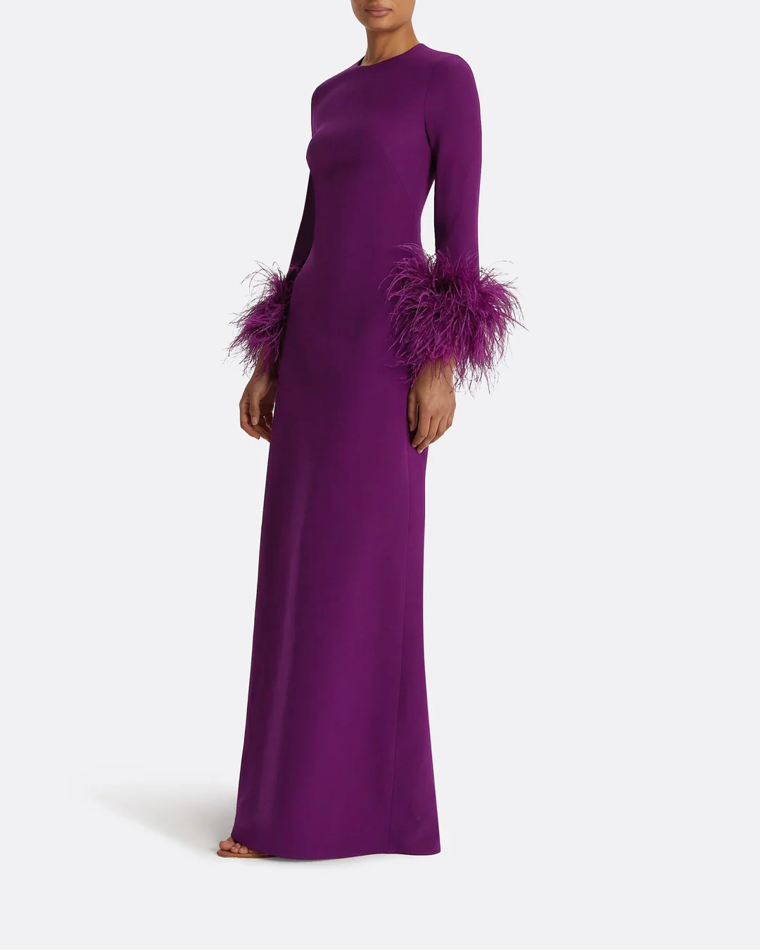 long-sleeve gown with feather-trim cuffs – AURORA