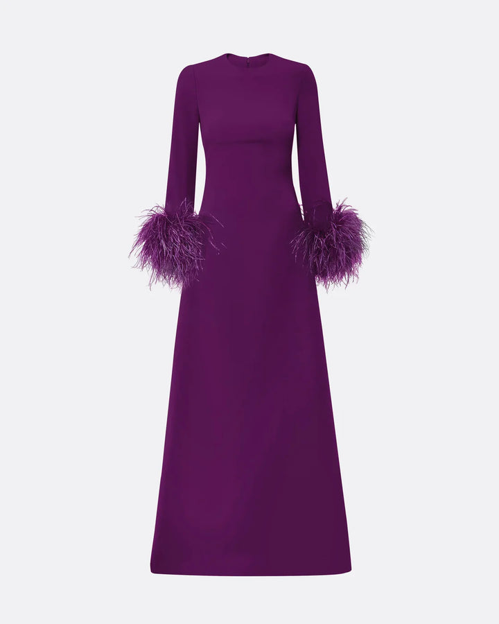 long-sleeve gown with feather-trim cuffs – AURORA