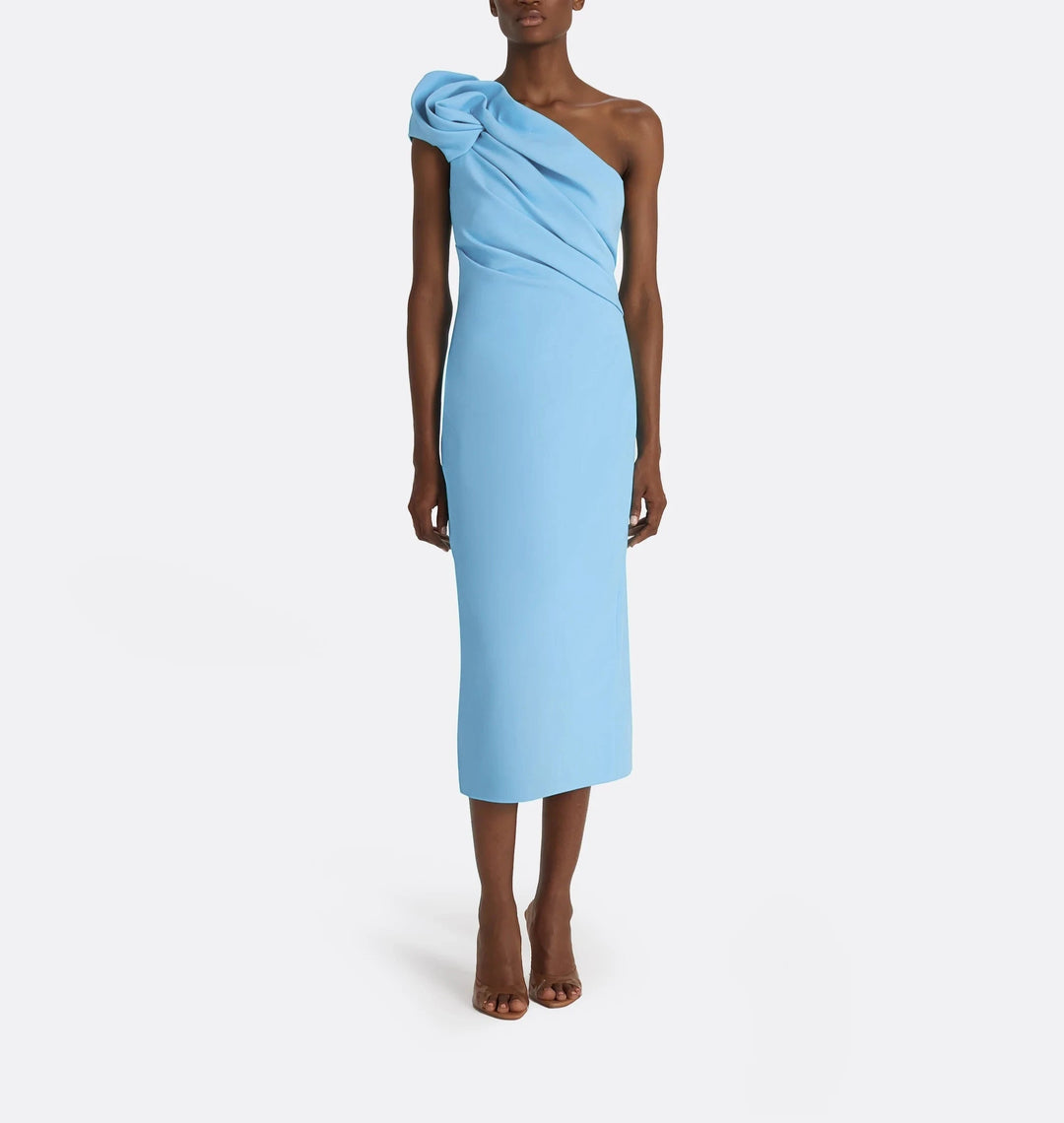 فستان ميدي منسدل بكتف واحد وتفاصيل زهور – سكايلا