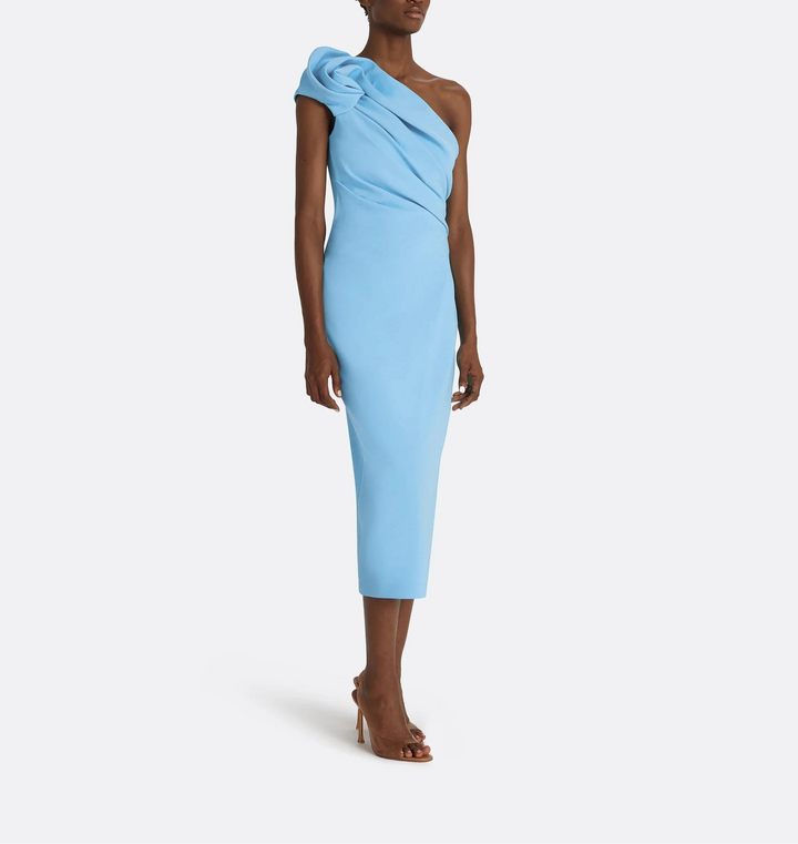 فستان ميدي منسدل بكتف واحد وتفاصيل زهور – سكايلا