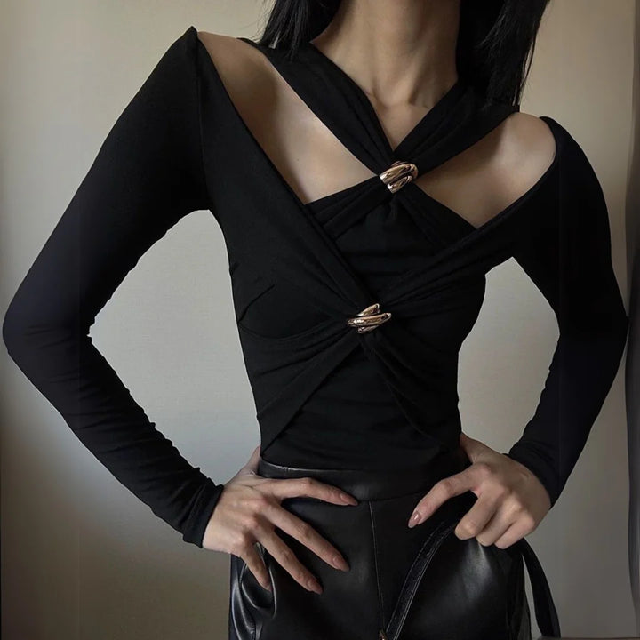 off-shoulder draped top with gold clasp detail – SERAPHINE