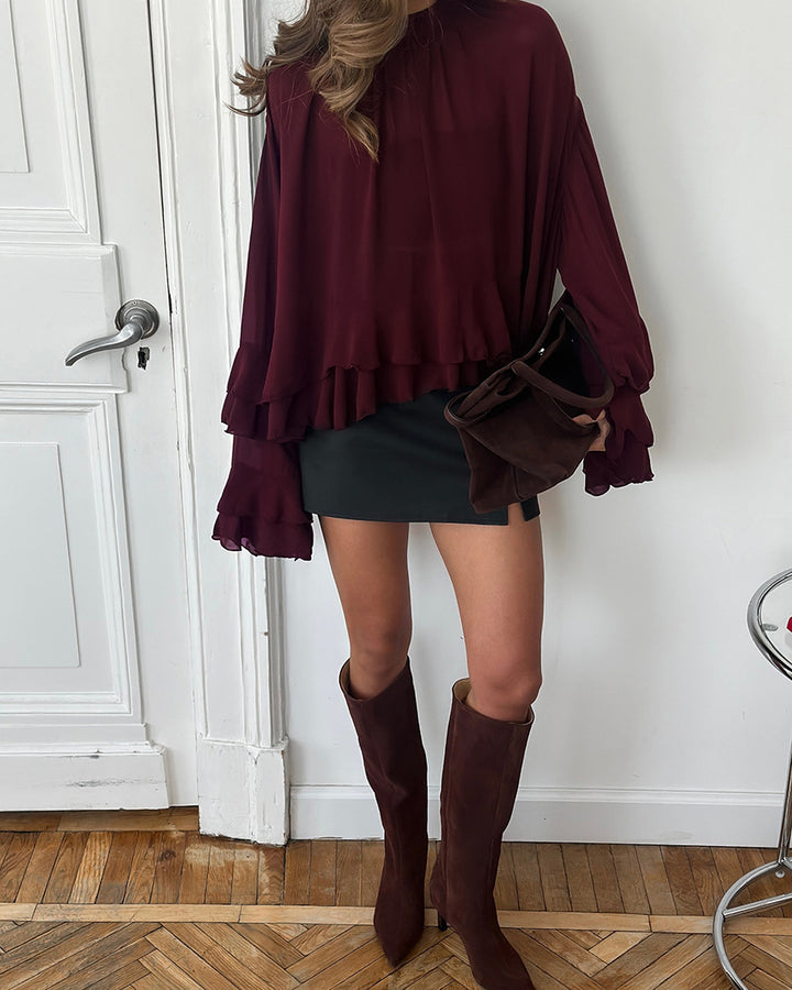 flowy ruffle-sleeve chiffon blouse with relaxed silhouette – MERLOT