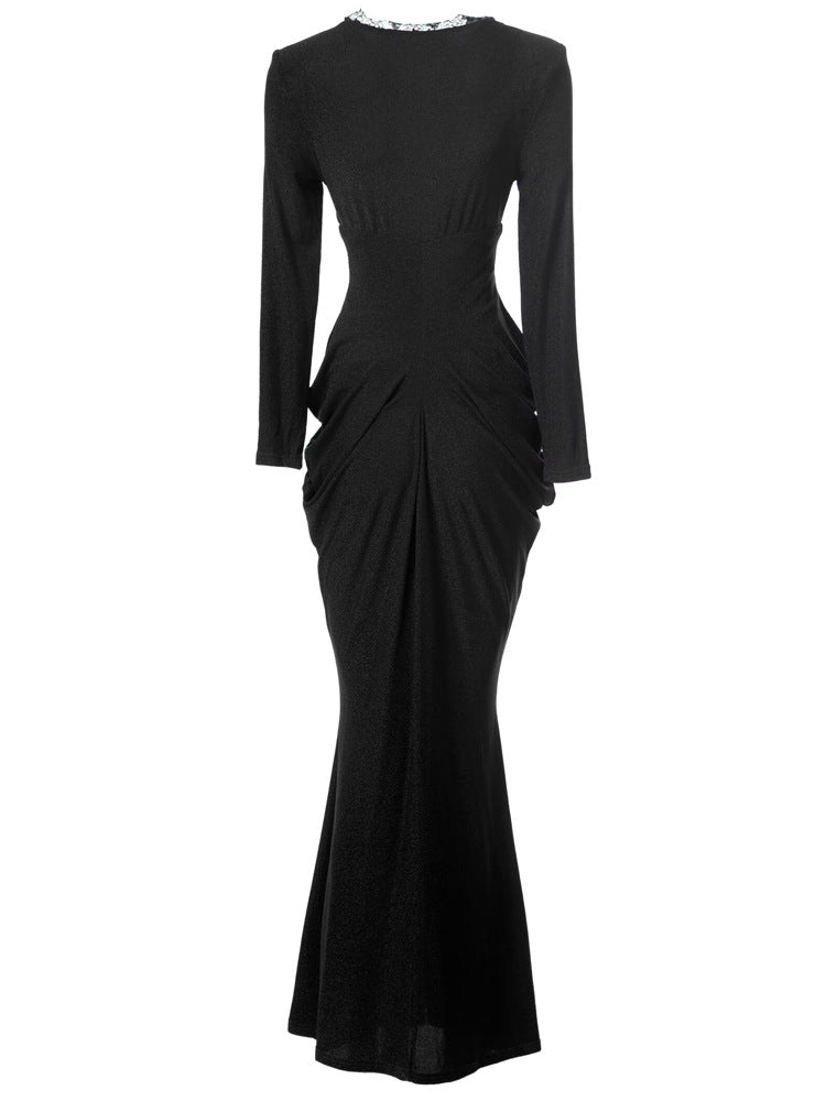 long sleeve draped mermaid gown with lace neckline - SERENZA