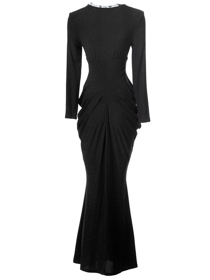 long sleeve draped mermaid gown with lace neckline - SERENZA