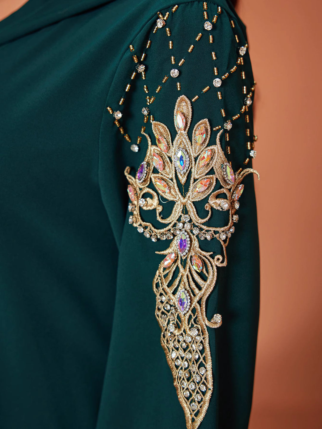 flared sleeve kaftan dress with embellished appliqués - AMIRZANU