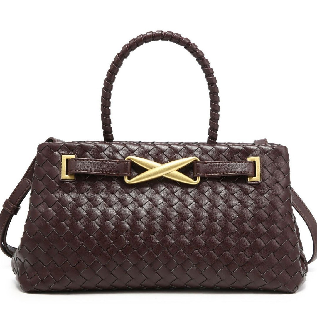 woven leather top-handle bag with gold X detail – AUREGIP