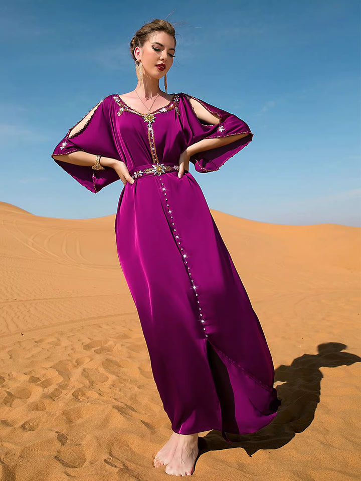 فستان ميدي غير متماثل بأكمام طويلة وياقة عالية - لون الزمرد