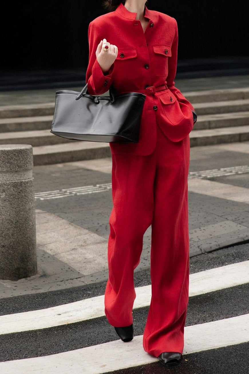 belted mandarin-collar blazer with wide-leg pants – ROSETTA