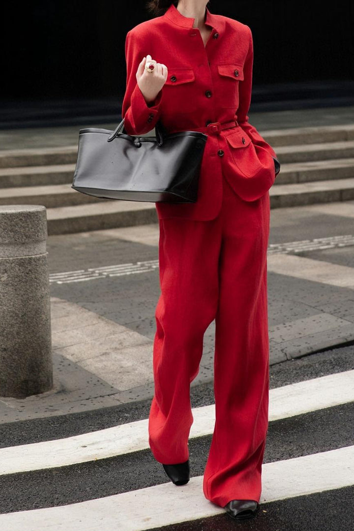 belted mandarin-collar blazer with wide-leg pants – ROSETTA