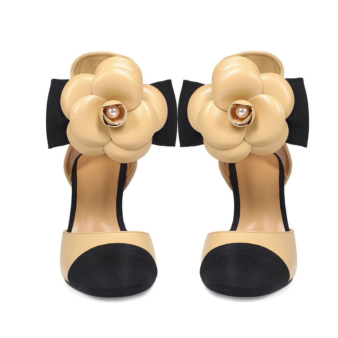 two-tone ankle heels with floral accent – CAMELLIA