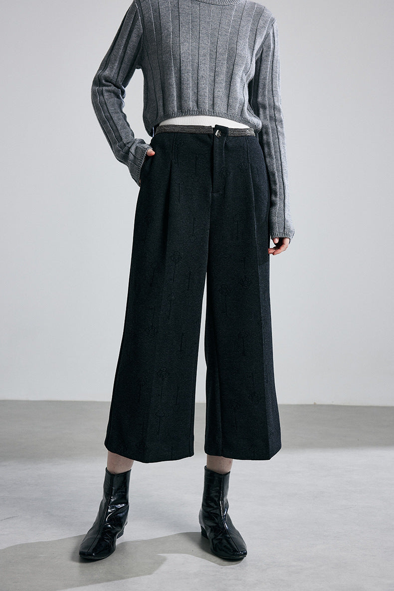 high-waist wide-leg cropped trousers with subtle jacquard texture – ELISE