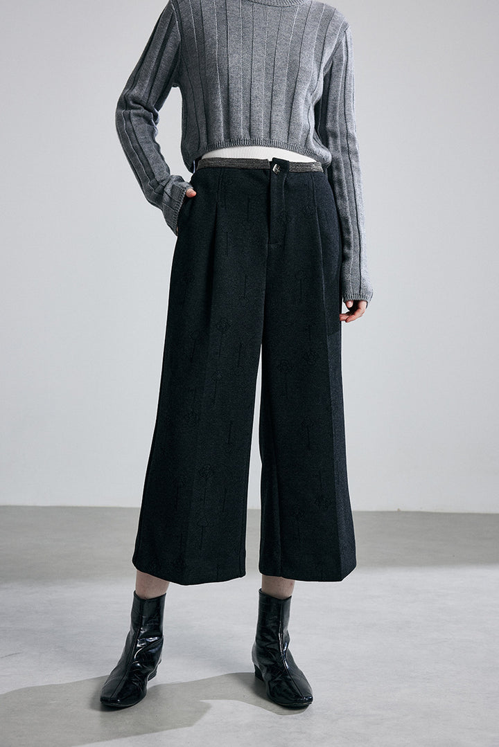 high-waist wide-leg cropped trousers with subtle jacquard texture – ELISE