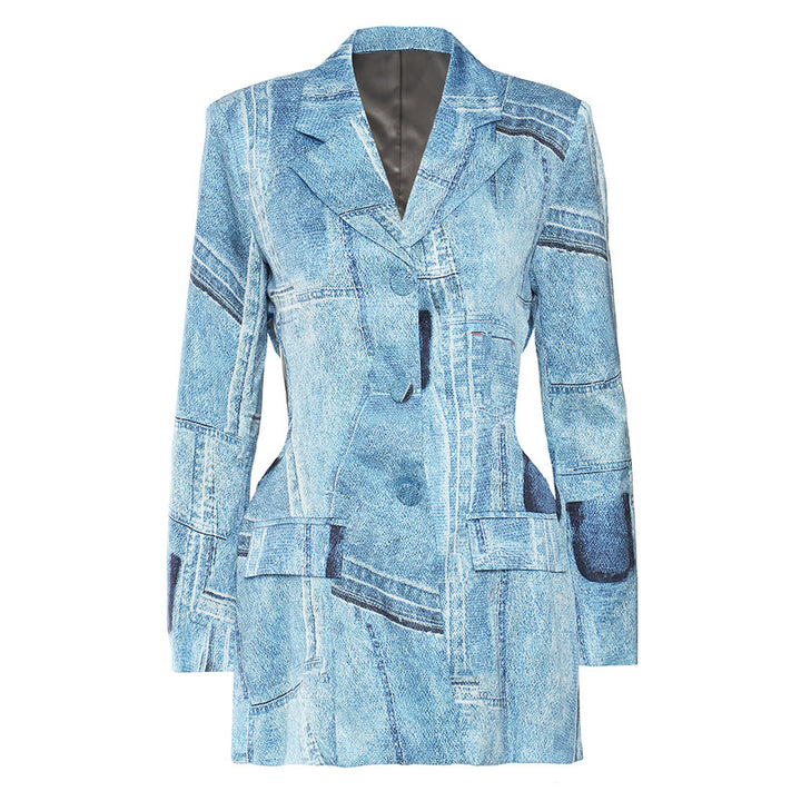 Denim blazer dress with tailored patchwork panels – AZURA