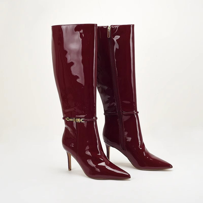 patent leather knee-high boots with gold buckle – VERA