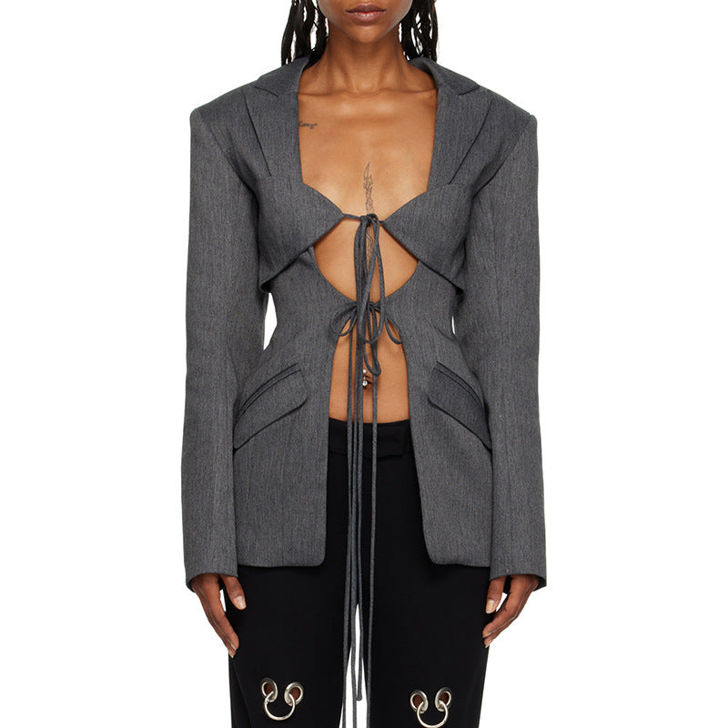 tailored blazer with front tie cutout design – MIRIKA