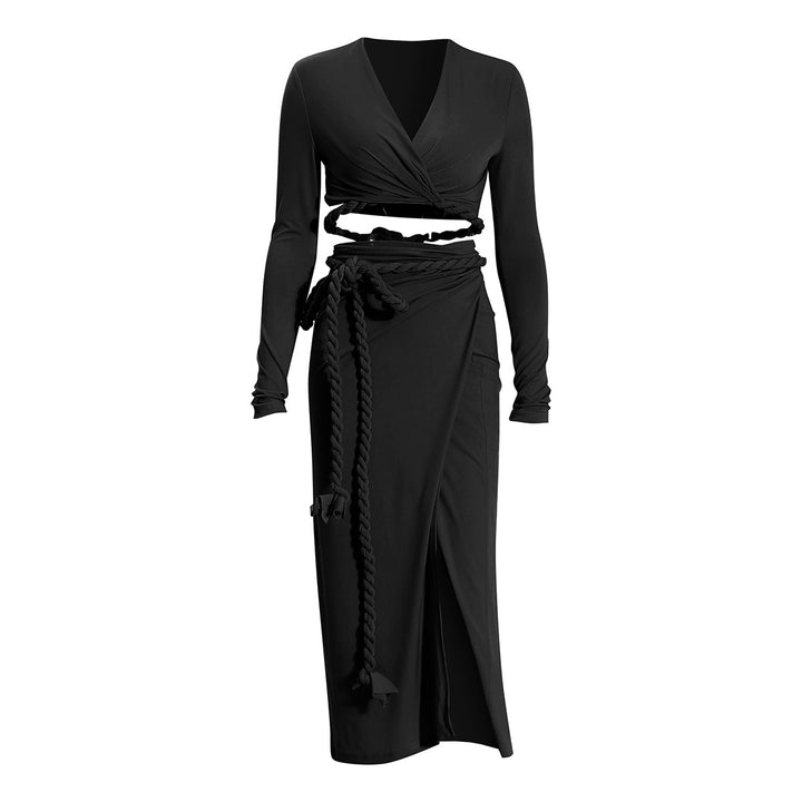 long-sleeve wrap crop top & slit midi skirt set with rope belt – ZYRADY