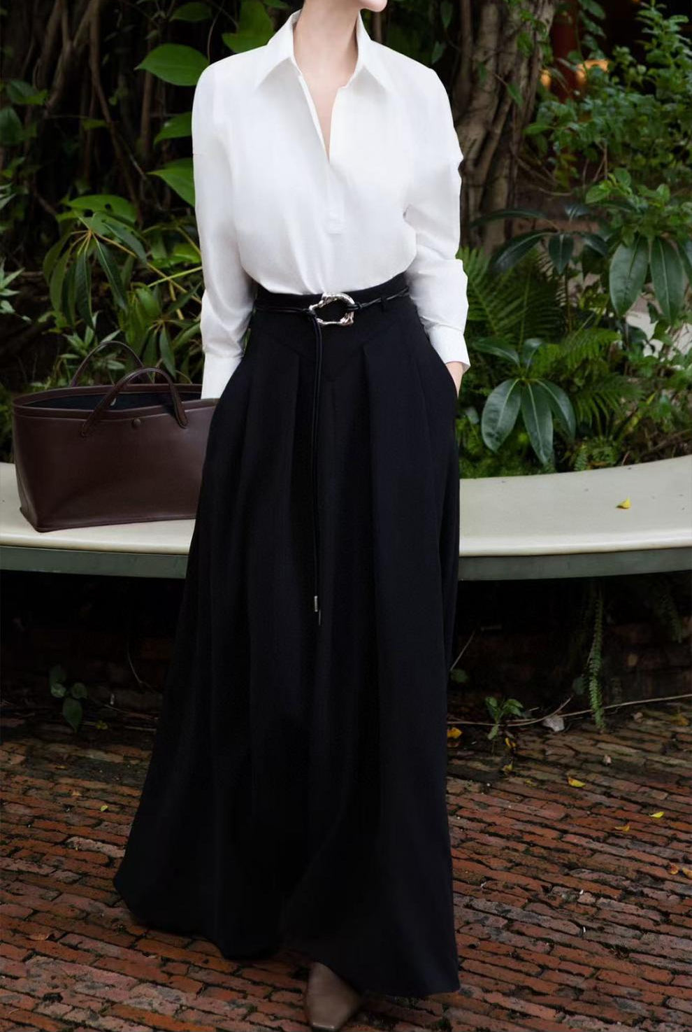 long-sleeve collared blouse with wide-leg maxi skirt – ARYA