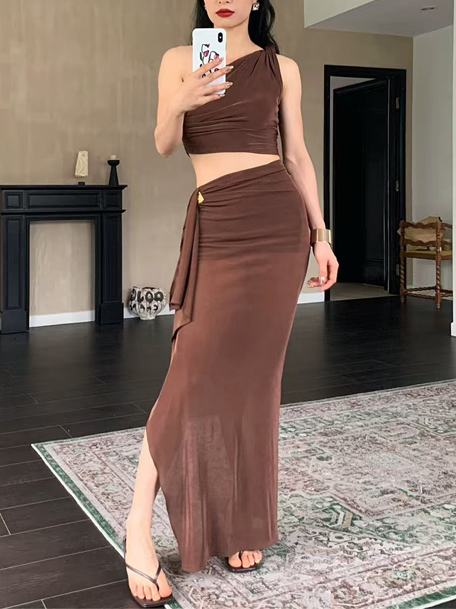 Plissiertes Oberteil mit ausgestellten Ärmeln und Maxirock-Set mit Taillengürtel – Rosiny 