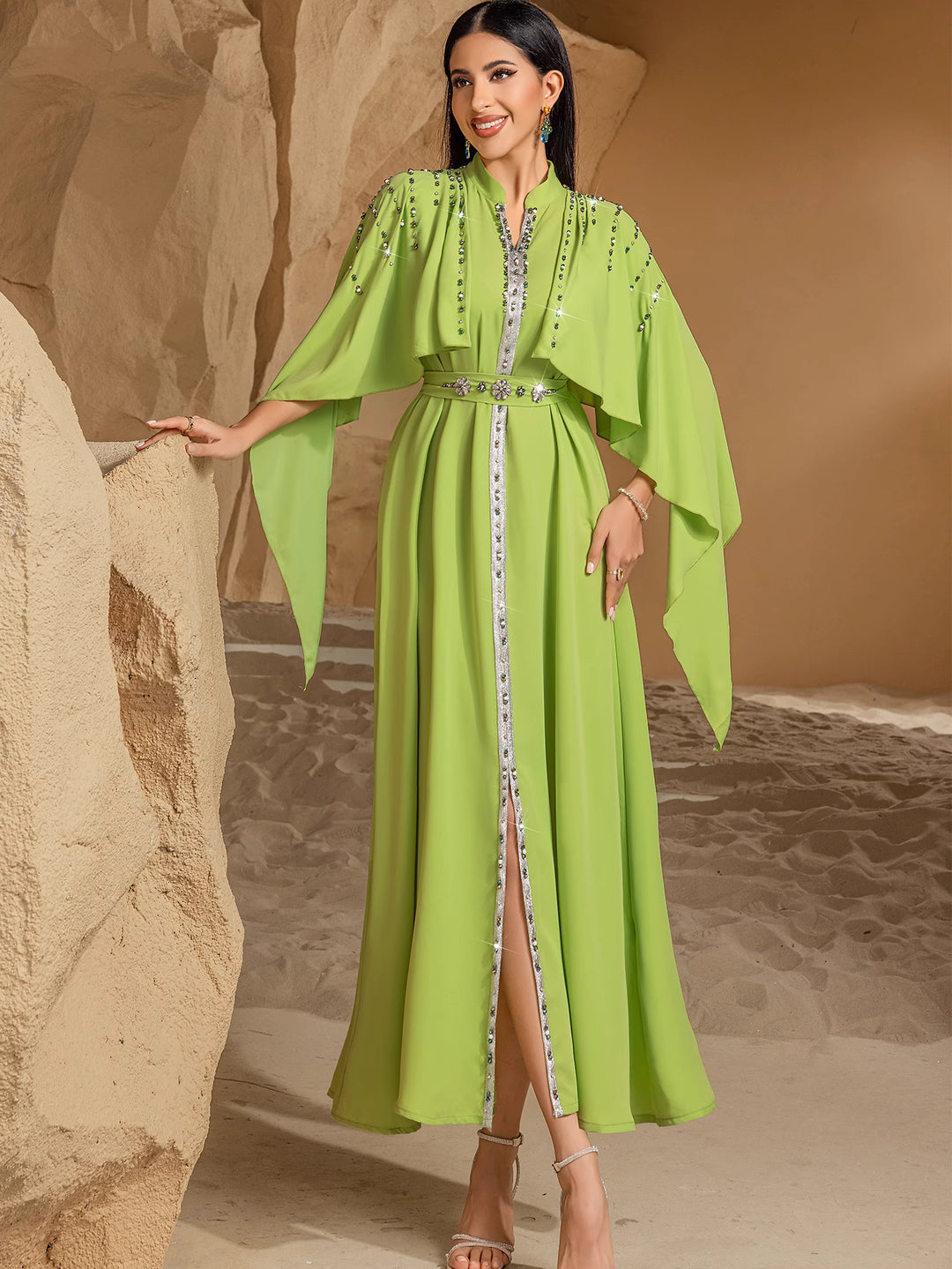 embellished flare-sleeve maxi dress with cape overlay - AMARA